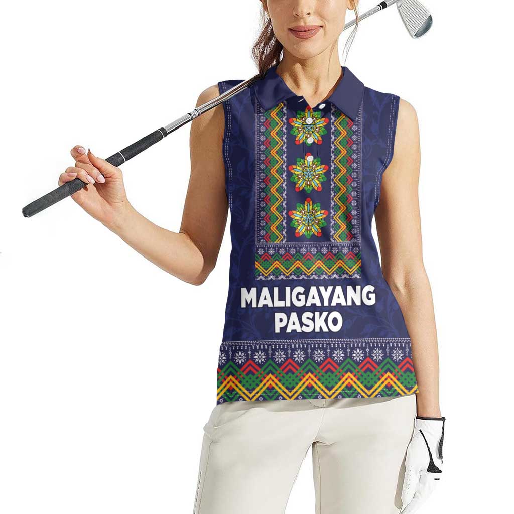 Philippines Merry Christmas Women Sleeveless Polo Shirt Maligayang Pasko with Parol and Xmas Pattern Barong Style - Wonder Print Shop