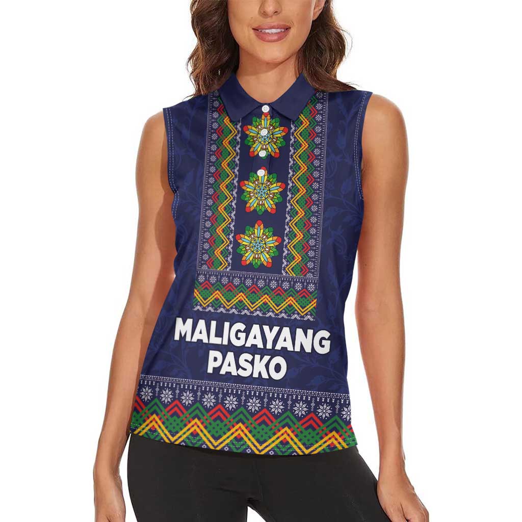 Philippines Merry Christmas Women Sleeveless Polo Shirt Maligayang Pasko with Parol and Xmas Pattern Barong Style - Wonder Print Shop