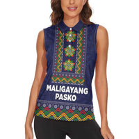 Philippines Merry Christmas Women Sleeveless Polo Shirt Maligayang Pasko with Parol and Xmas Pattern Barong Style - Wonder Print Shop
