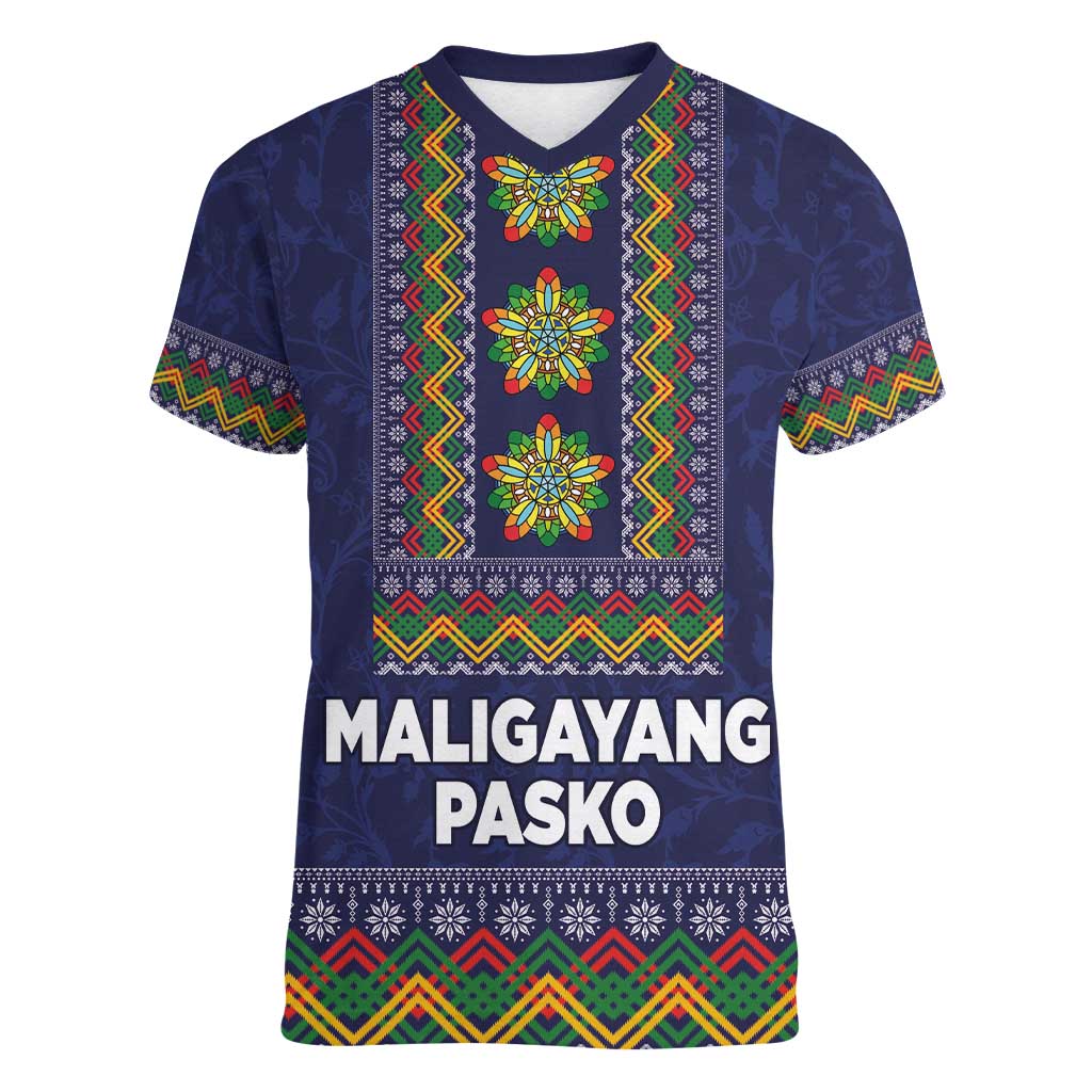 Philippines Merry Christmas Women V-Neck T-Shirt Maligayang Pasko with Parol and Xmas Pattern Barong Style - Wonder Print Shop