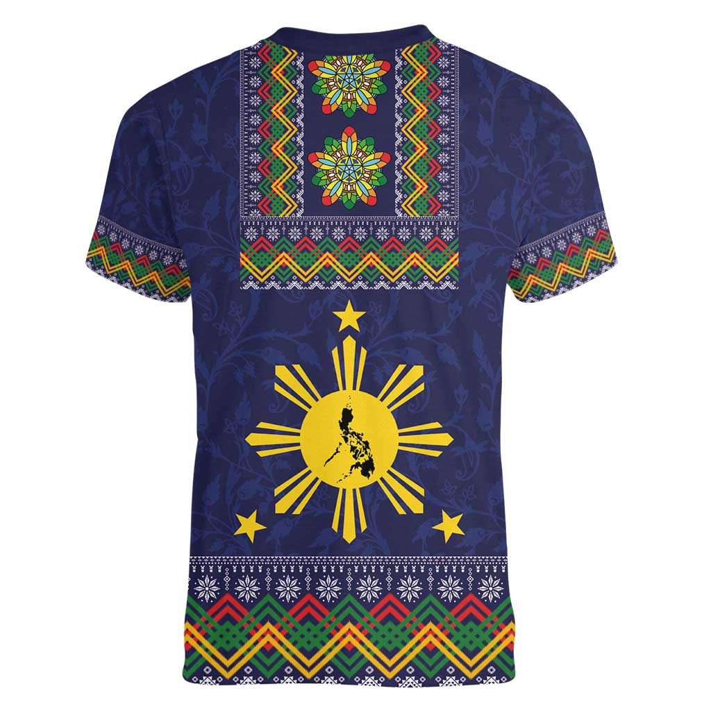 Philippines Merry Christmas Women V-Neck T-Shirt Maligayang Pasko with Parol and Xmas Pattern Barong Style - Wonder Print Shop