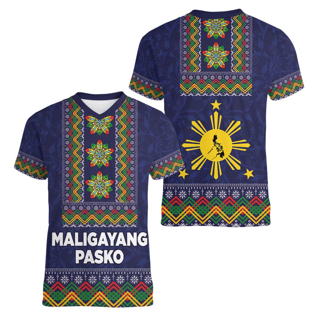 Philippines Merry Christmas Women V-Neck T-Shirt Maligayang Pasko with Parol and Xmas Pattern Barong Style - Wonder Print Shop