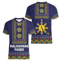 Philippines Merry Christmas Women V-Neck T-Shirt Maligayang Pasko with Parol and Xmas Pattern Barong Style - Wonder Print Shop