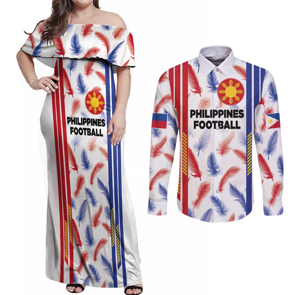 Custom Philippines Champions Football Jersey Couples Matching Off Shoulder Maxi Dress and Long Sleeve Button Shirt - Wonder Print Shop