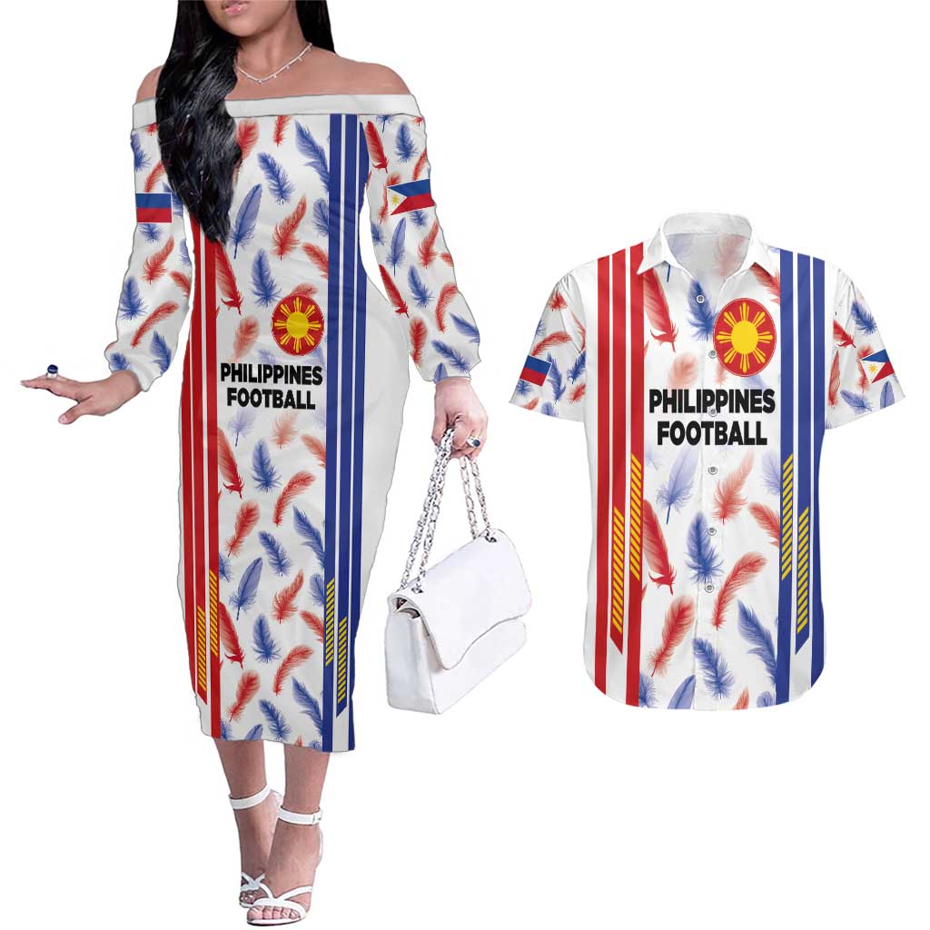 Custom Philippines Champions Football Jersey Couples Matching Off The Shoulder Long Sleeve Dress and Hawaiian Shirt - Wonder Print Shop