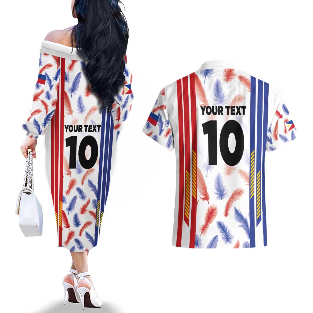 Custom Philippines Champions Football Jersey Couples Matching Off The Shoulder Long Sleeve Dress and Hawaiian Shirt - Wonder Print Shop