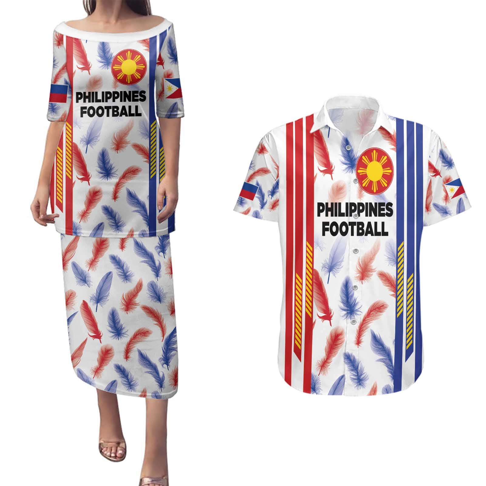 Custom Philippines Champions Football Jersey Couples Matching Puletasi and Hawaiian Shirt - Wonder Print Shop