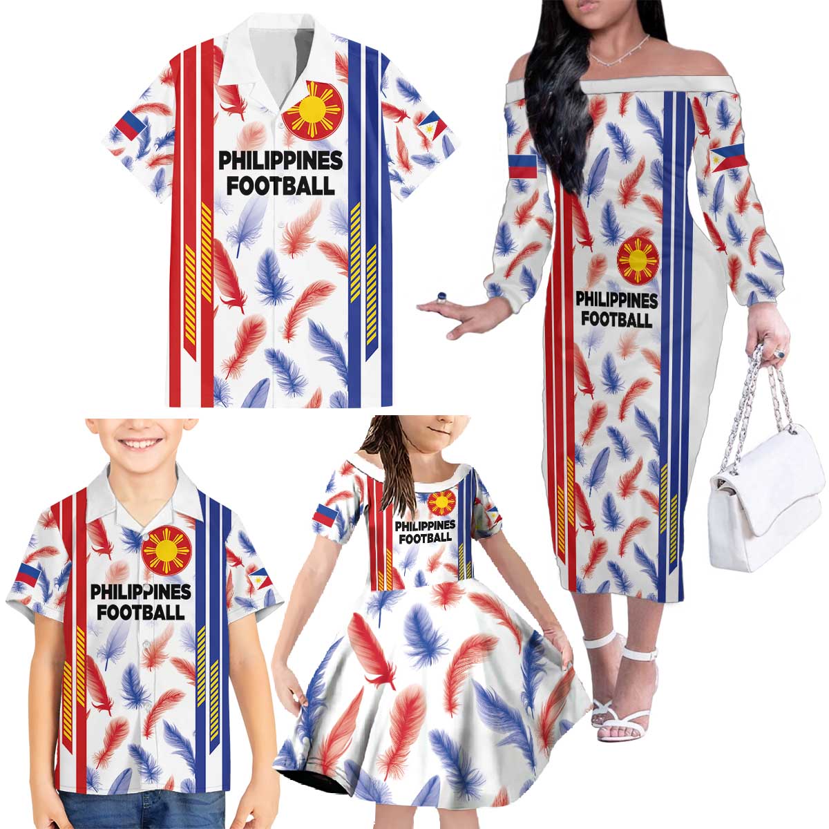Custom Philippines Champions Football Jersey Family Matching Off The Shoulder Long Sleeve Dress and Hawaiian Shirt - Wonder Print Shop