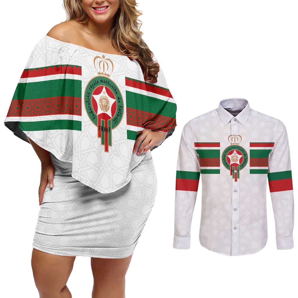 Custom Morocco Football Couples Matching Off Shoulder Short Dress and Long Sleeve Button Shirt The Roar of Atlas Lions - Wonder Print Shop