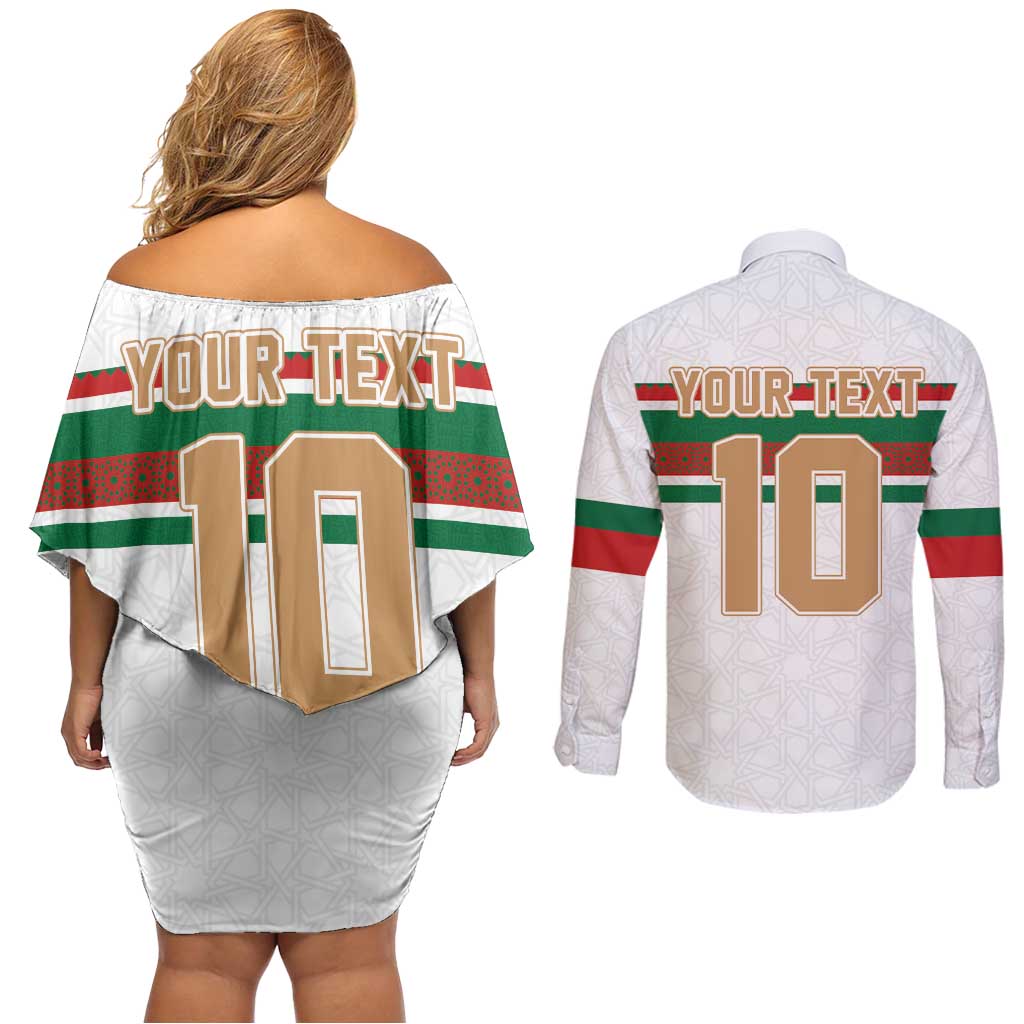 Custom Morocco Football Couples Matching Off Shoulder Short Dress and Long Sleeve Button Shirt The Roar of Atlas Lions - Wonder Print Shop