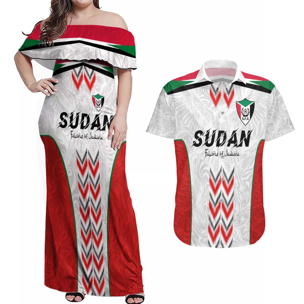 Custom Sudan Football Couples Matching Off Shoulder Maxi Dress and Hawaiian Shirt Falcons of Jediane - Wings of Victory - Wonder Print Shop