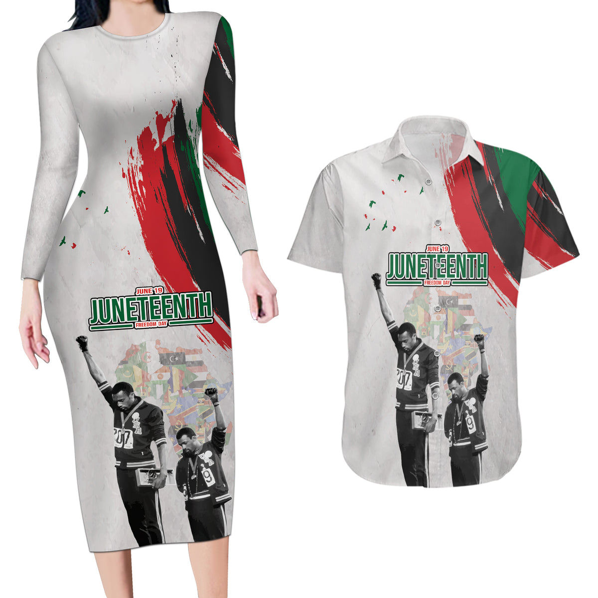 Personalized Juneteenth Freedom Day Couples Matching Long Sleeve Bodycon Dress and Hawaiian Shirt 1968 Black Power Salute - Wonder Print Shop