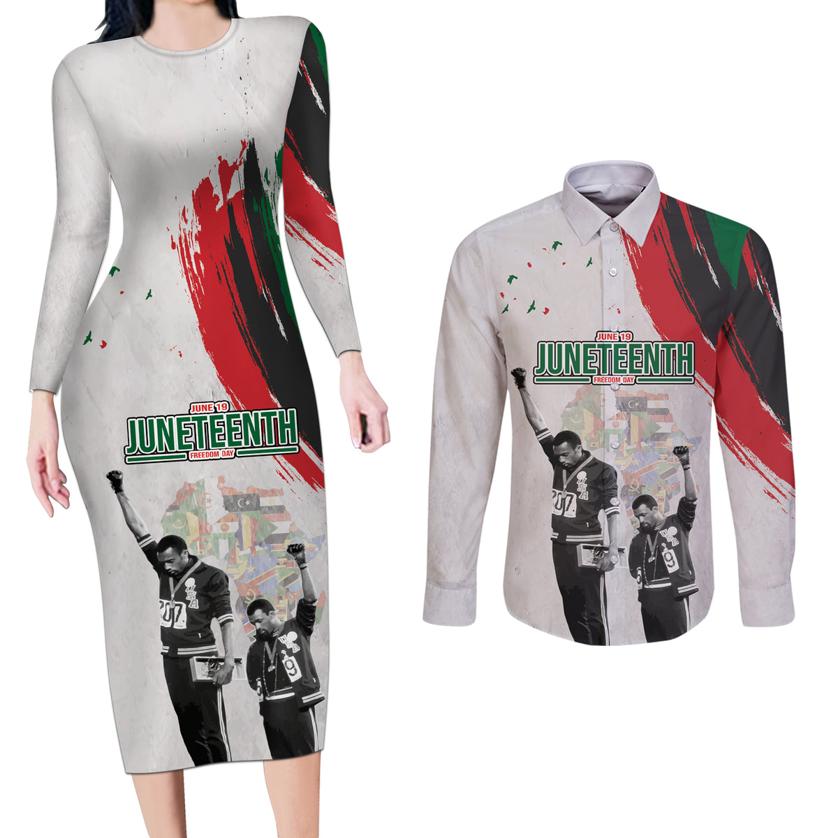 Personalized Juneteenth Freedom Day Couples Matching Long Sleeve Bodycon Dress and Long Sleeve Button Shirt 1968 Black Power Salute - Wonder Print Shop