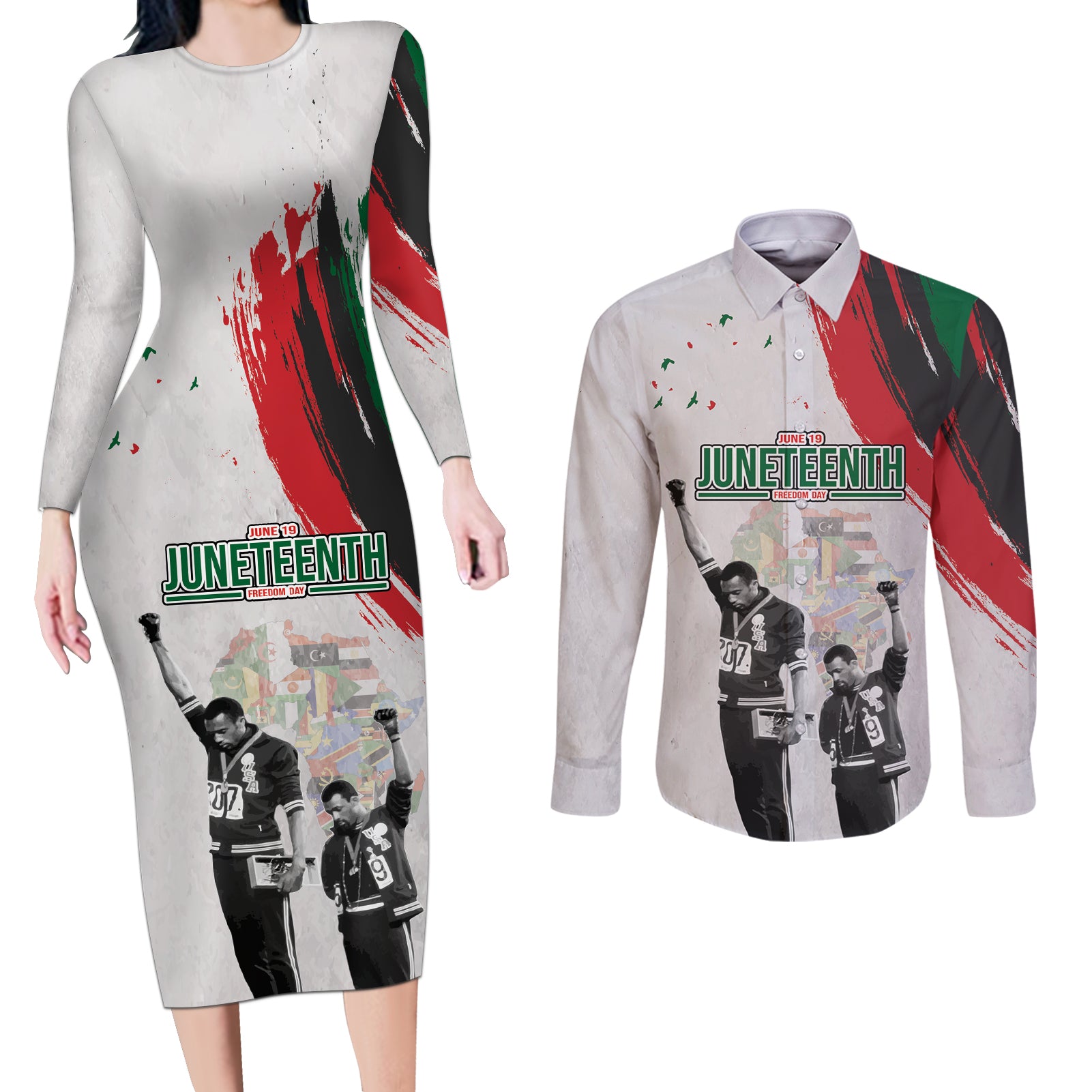 Personalized Juneteenth Freedom Day Couples Matching Long Sleeve Bodycon Dress and Long Sleeve Button Shirt 1968 Black Power Salute - Wonder Print Shop