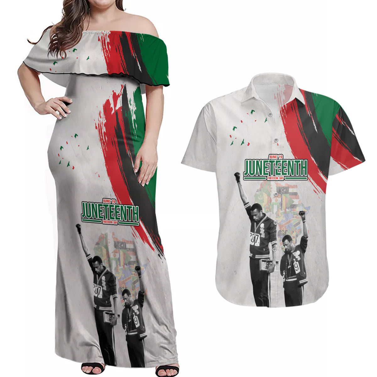 Personalized Juneteenth Freedom Day Couples Matching Off Shoulder Maxi Dress and Hawaiian Shirt 1968 Black Power Salute - Wonder Print Shop