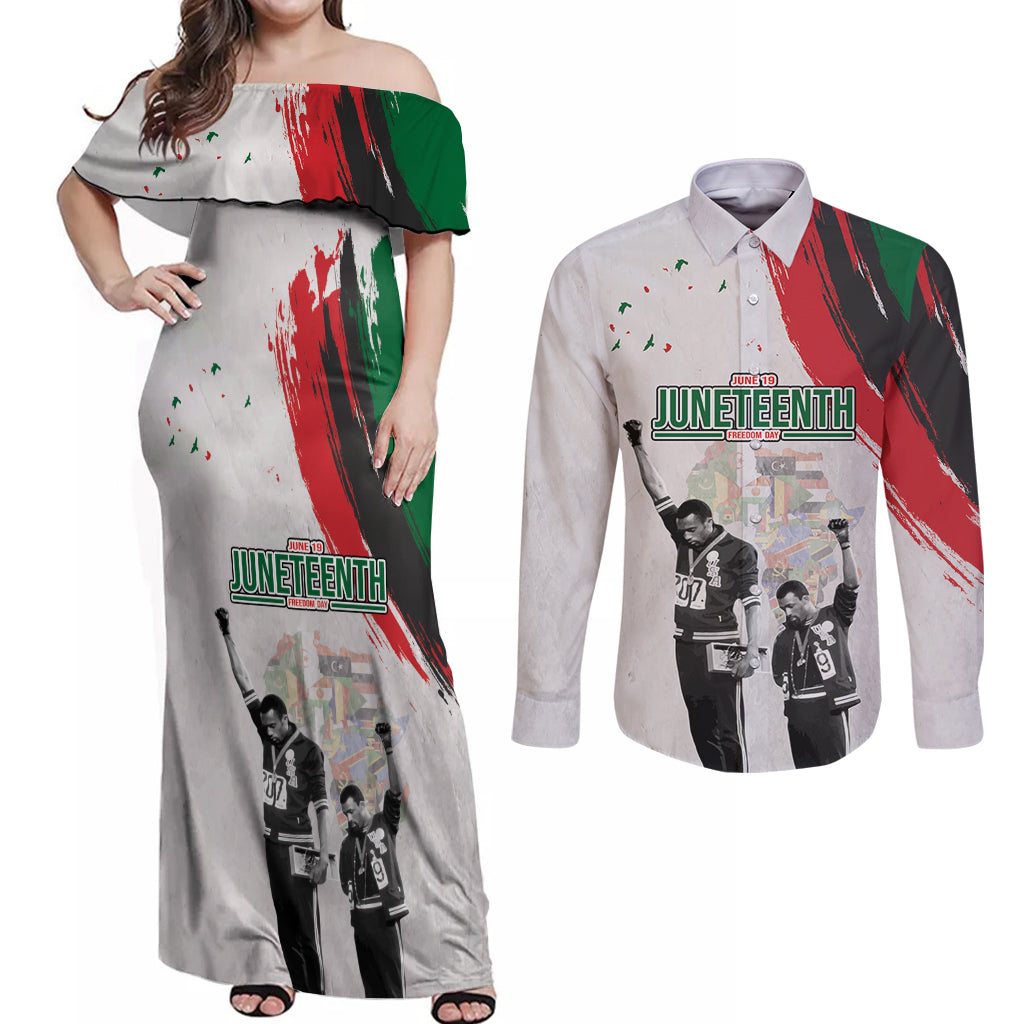 Personalized Juneteenth Freedom Day Couples Matching Off Shoulder Maxi Dress and Long Sleeve Button Shirt 1968 Black Power Salute - Wonder Print Shop