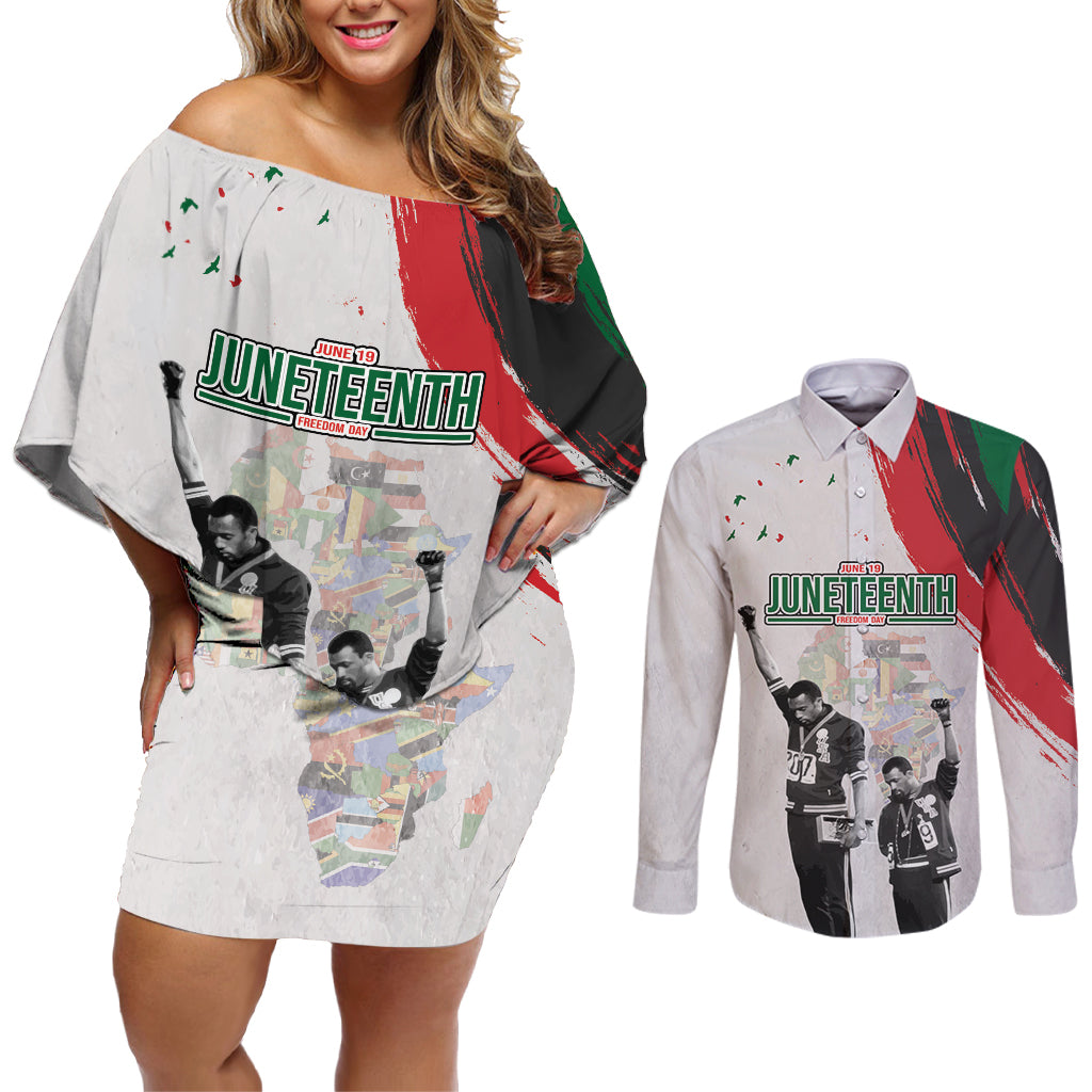 Personalized Juneteenth Freedom Day Couples Matching Off Shoulder Short Dress and Long Sleeve Button Shirt 1968 Black Power Salute - Wonder Print Shop