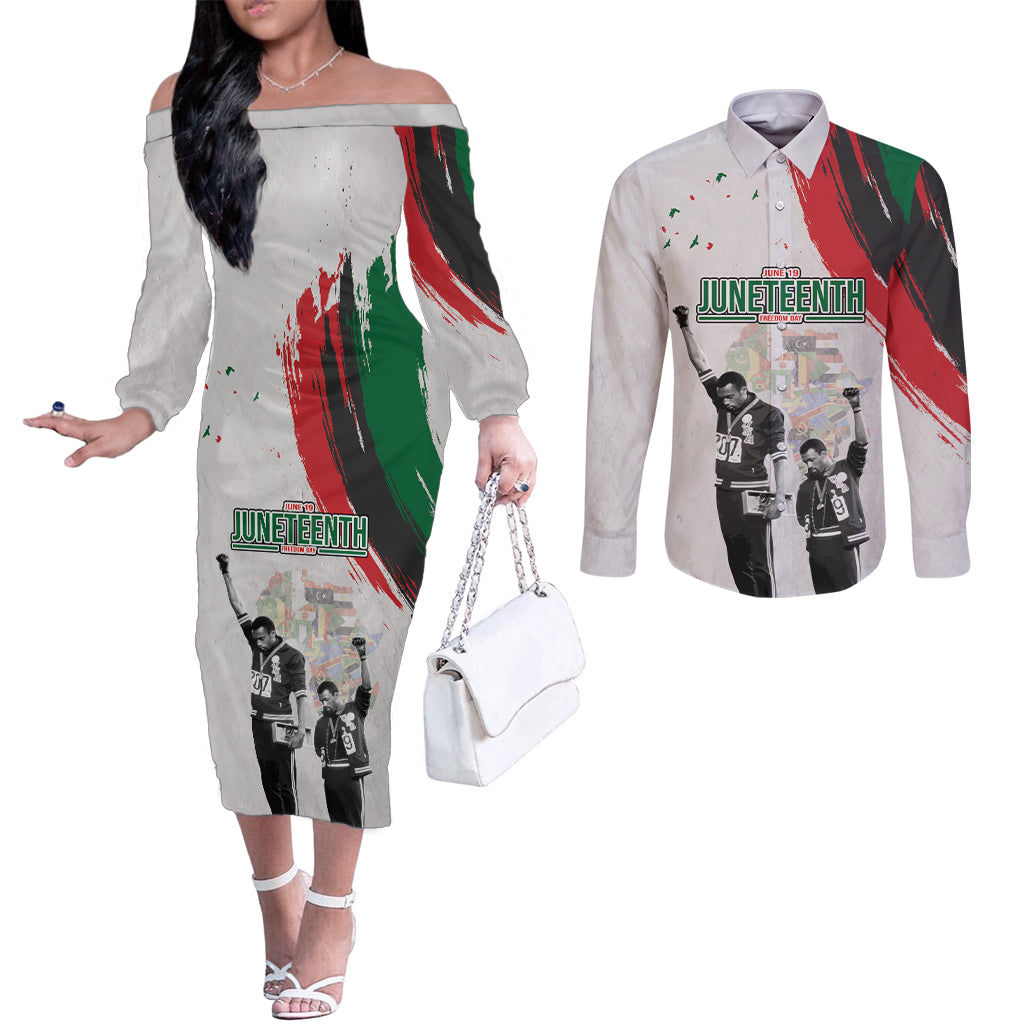 Personalized Juneteenth Freedom Day Couples Matching Off The Shoulder Long Sleeve Dress and Long Sleeve Button Shirt 1968 Olympics Black Power Salute