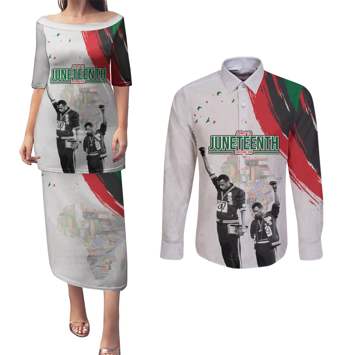 Personalized Juneteenth Freedom Day Couples Matching Puletasi and Long Sleeve Button Shirt 1968 Black Power Salute - Wonder Print Shop