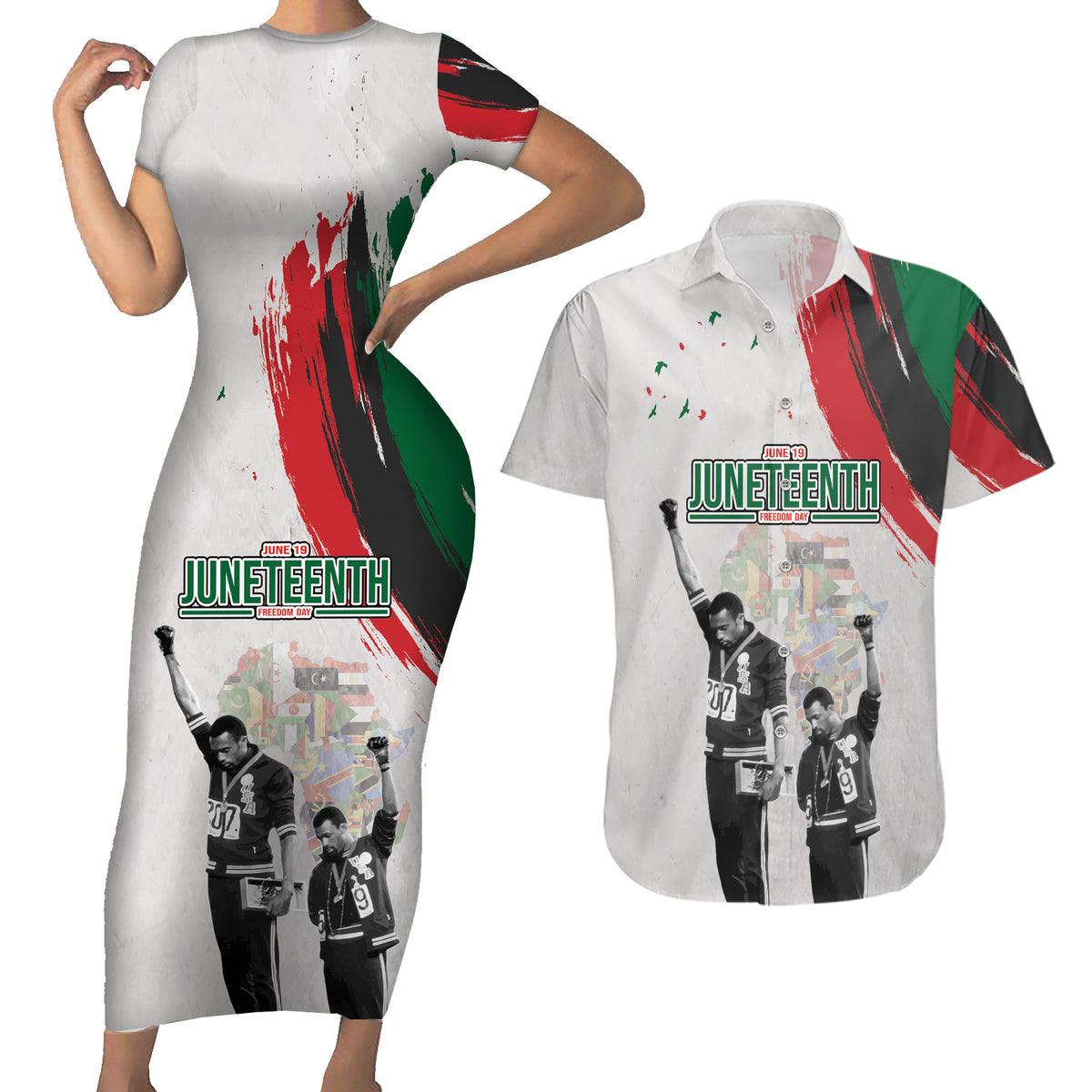 Personalized Juneteenth Freedom Day Couples Matching Short Sleeve Bodycon Dress and Hawaiian Shirt 1968 Black Power Salute - Wonder Print Shop