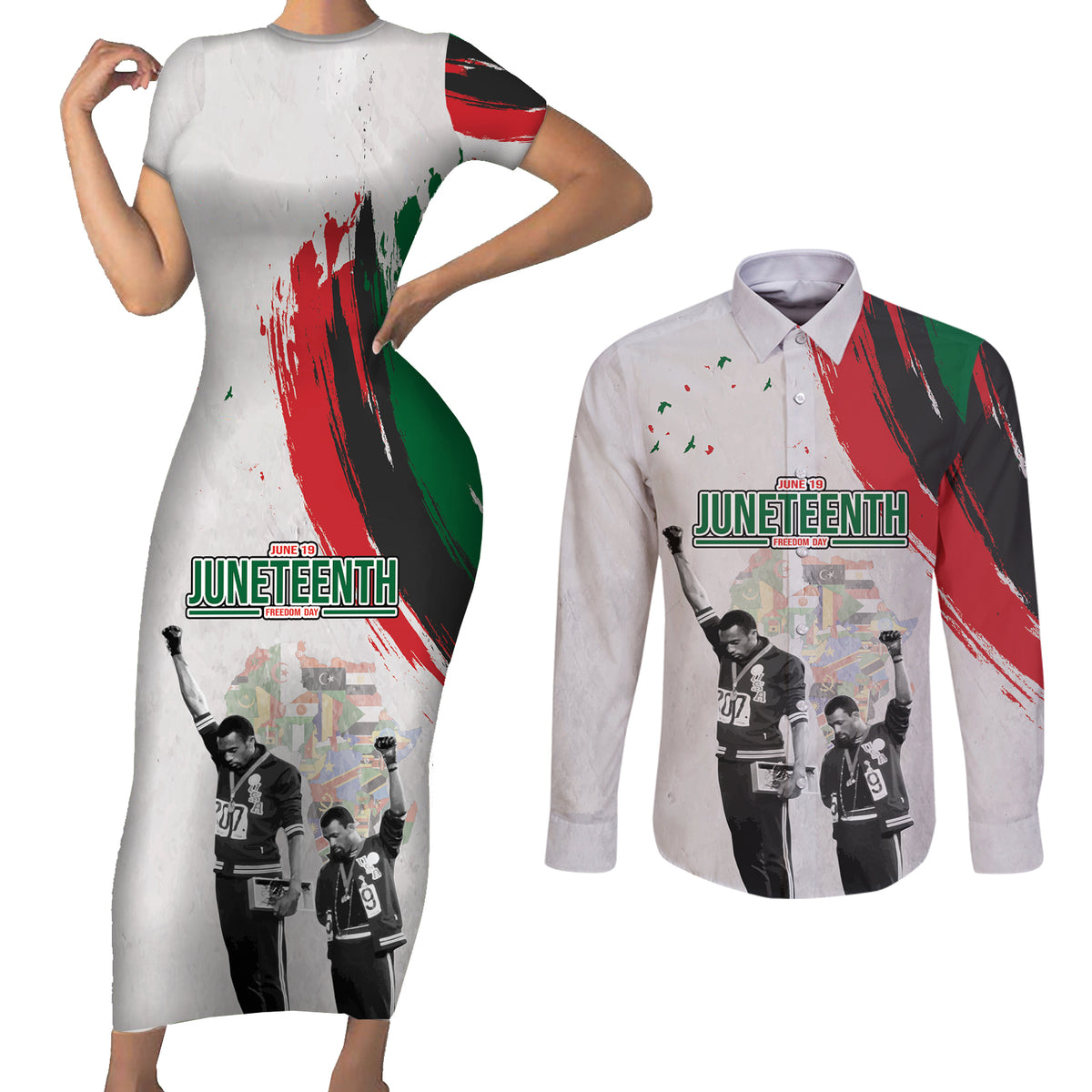 Personalized Juneteenth Freedom Day Couples Matching Short Sleeve Bodycon Dress and Long Sleeve Button Shirt 1968 Black Power Salute - Wonder Print Shop