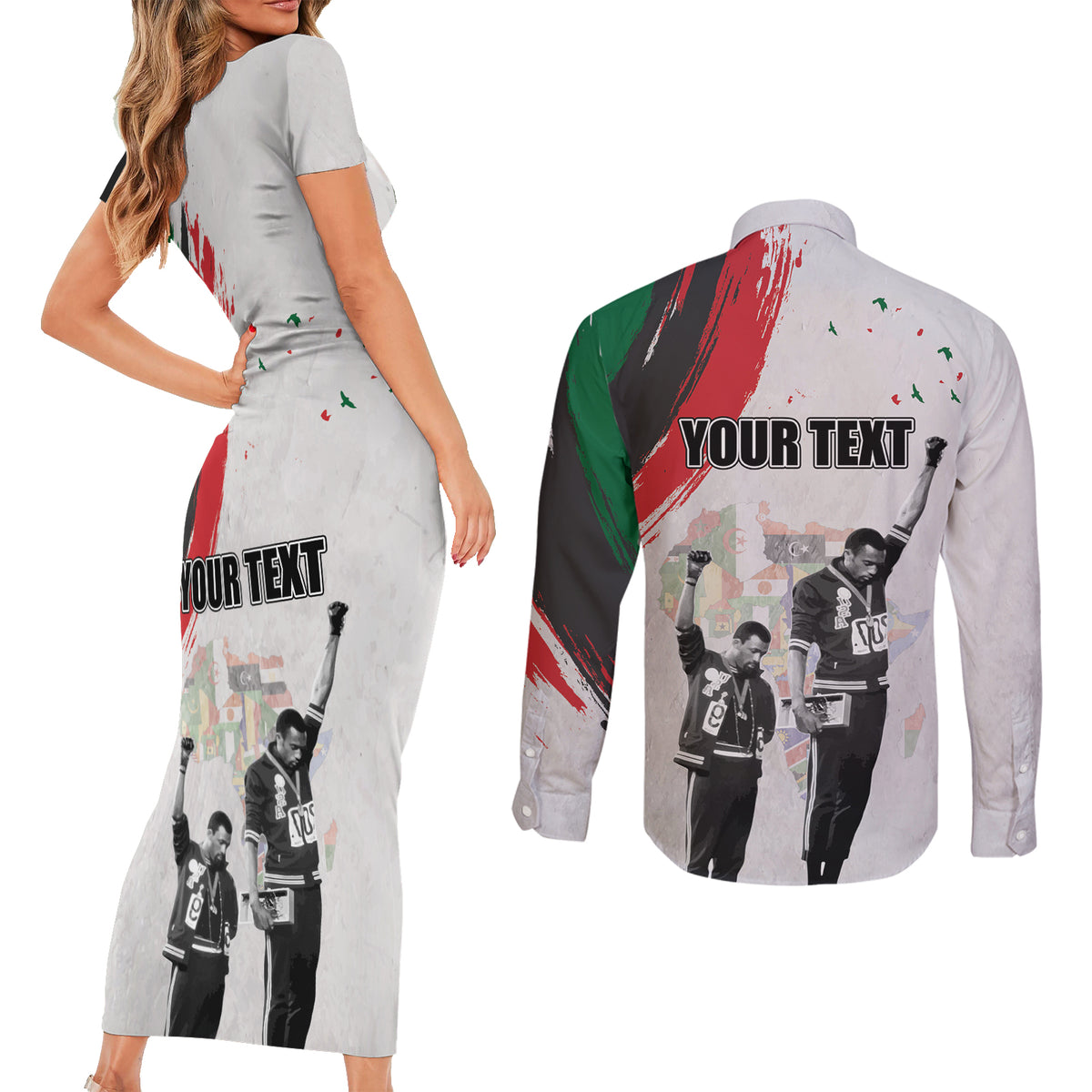 Personalized Juneteenth Freedom Day Couples Matching Short Sleeve Bodycon Dress and Long Sleeve Button Shirt 1968 Black Power Salute - Wonder Print Shop