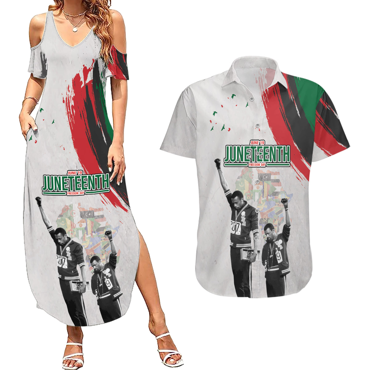 Personalized Juneteenth Freedom Day Couples Matching Summer Maxi Dress and Hawaiian Shirt 1968 Black Power Salute - Wonder Print Shop