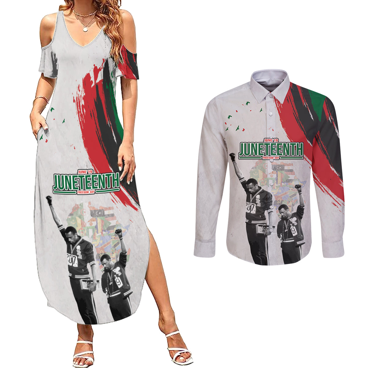 Personalized Juneteenth Freedom Day Couples Matching Summer Maxi Dress and Long Sleeve Button Shirt 1968 Black Power Salute - Wonder Print Shop