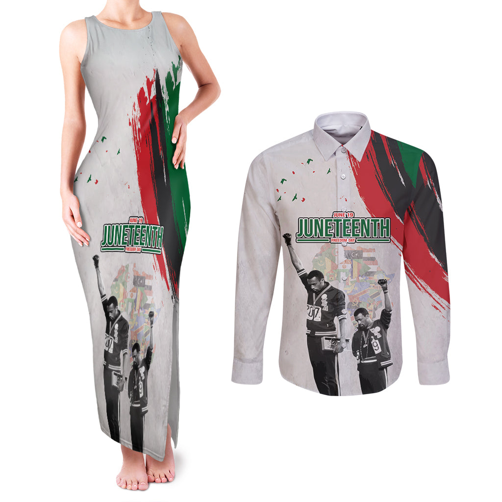 Personalized Juneteenth Freedom Day Couples Matching Tank Maxi Dress and Long Sleeve Button Shirt 1968 Black Power Salute - Wonder Print Shop