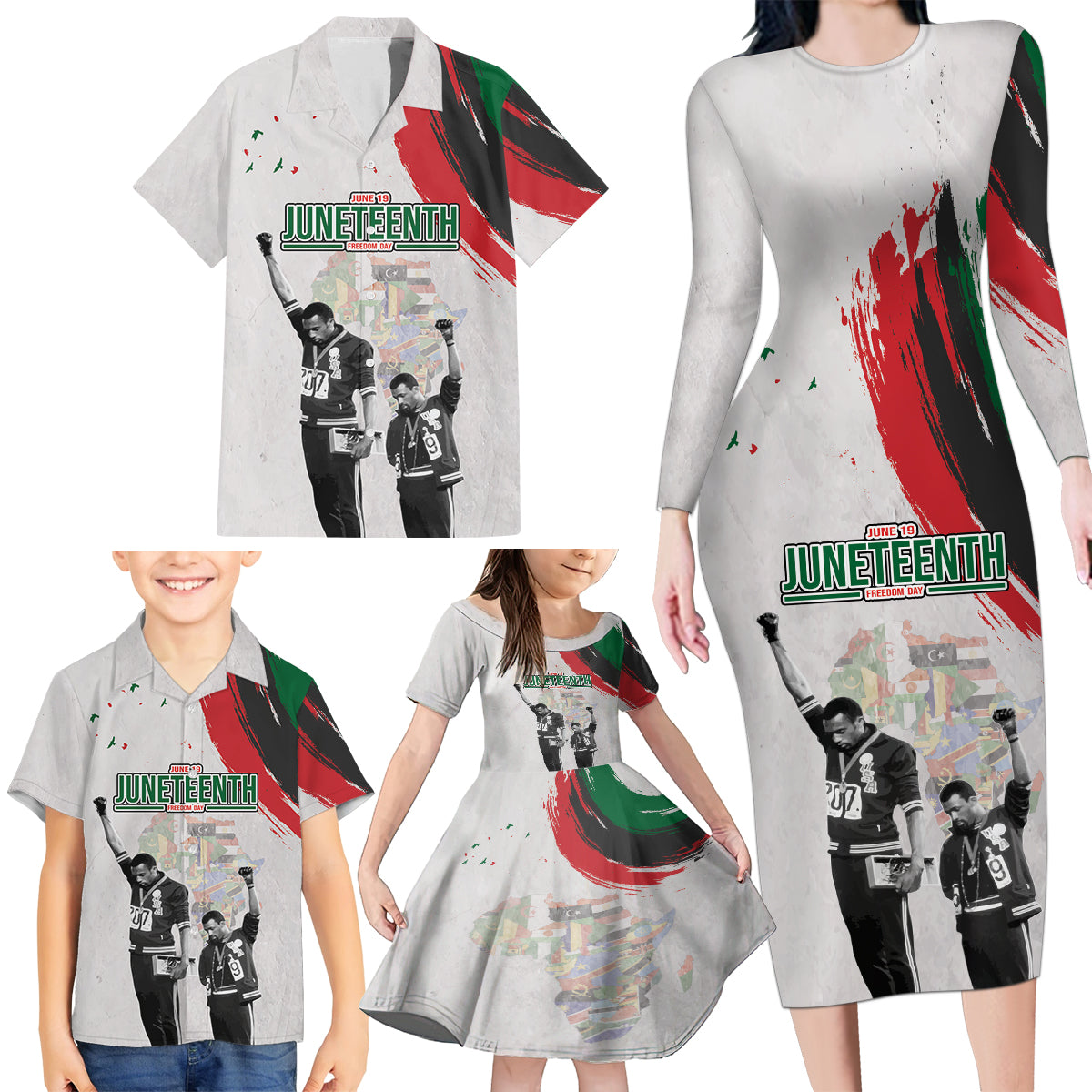 Personalized Juneteenth Freedom Day Family Matching Long Sleeve Bodycon Dress and Hawaiian Shirt 1968 Black Power Salute - Wonder Print Shop