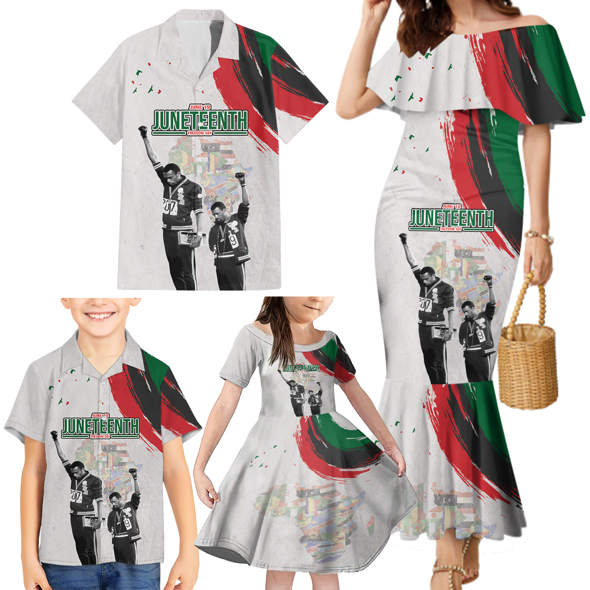 Personalized Juneteenth Freedom Day Family Matching Mermaid Dress and Hawaiian Shirt 1968 Black Power Salute - Wonder Print Shop