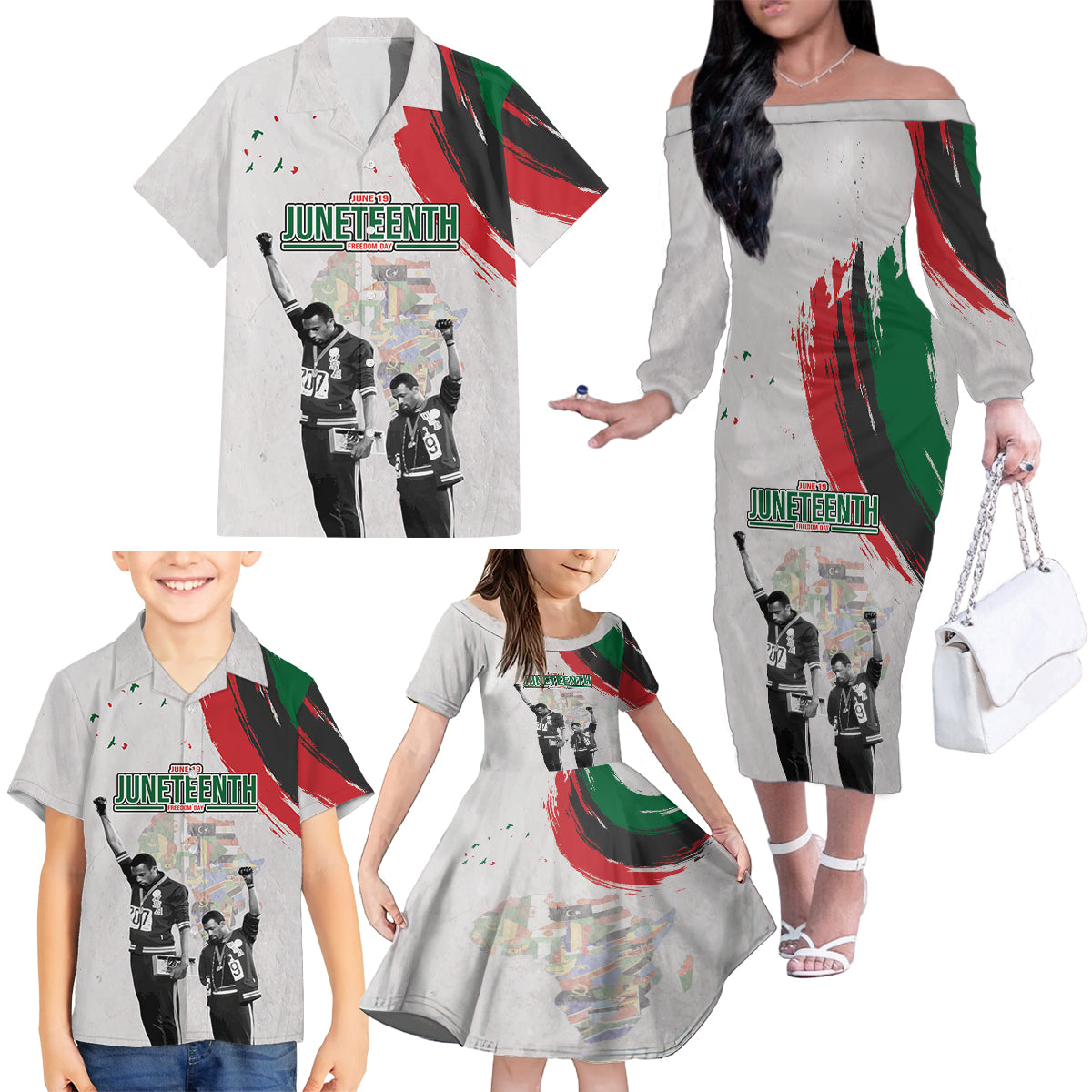 Personalized Juneteenth Freedom Day Family Matching Off The Shoulder Long Sleeve Dress and Hawaiian Shirt 1968 Black Power Salute - Wonder Print Shop