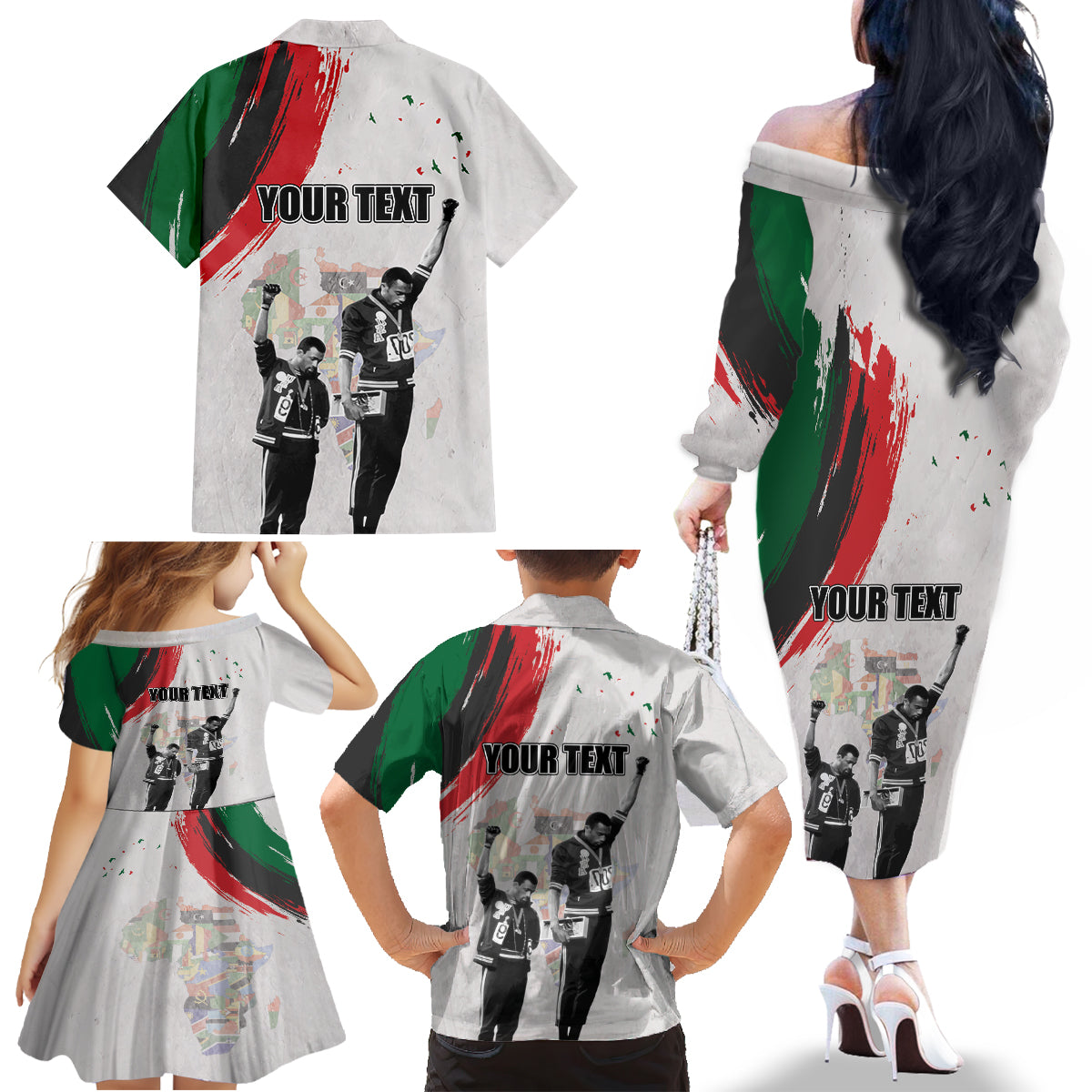 Personalized Juneteenth Freedom Day Family Matching Off The Shoulder Long Sleeve Dress and Hawaiian Shirt 1968 Black Power Salute - Wonder Print Shop