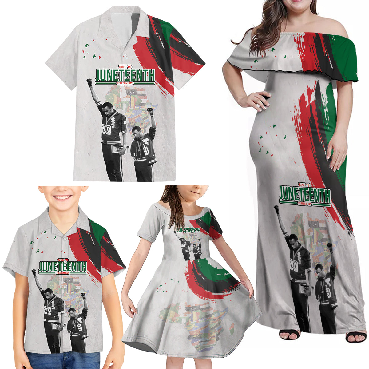 Personalized Juneteenth Freedom Day Family Matching Off Shoulder Maxi Dress and Hawaiian Shirt 1968 Black Power Salute - Wonder Print Shop