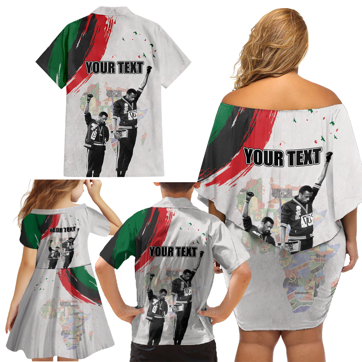 Personalized Juneteenth Freedom Day Family Matching Off Shoulder Short Dress and Hawaiian Shirt 1968 Black Power Salute - Wonder Print Shop