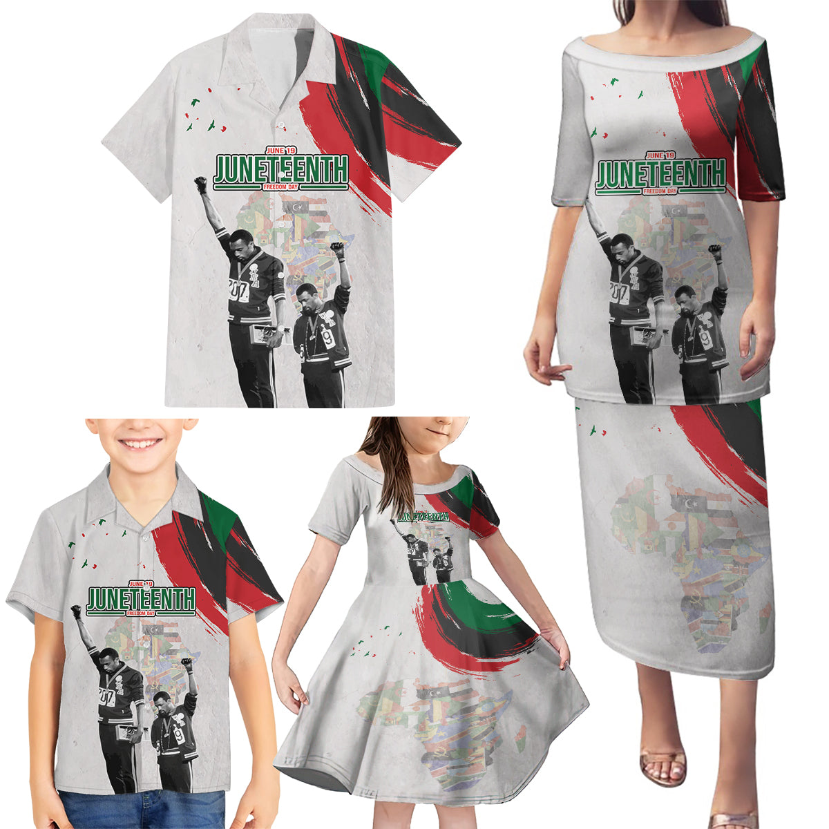 Personalized Juneteenth Freedom Day Family Matching Puletasi and Hawaiian Shirt 1968 Black Power Salute - Wonder Print Shop
