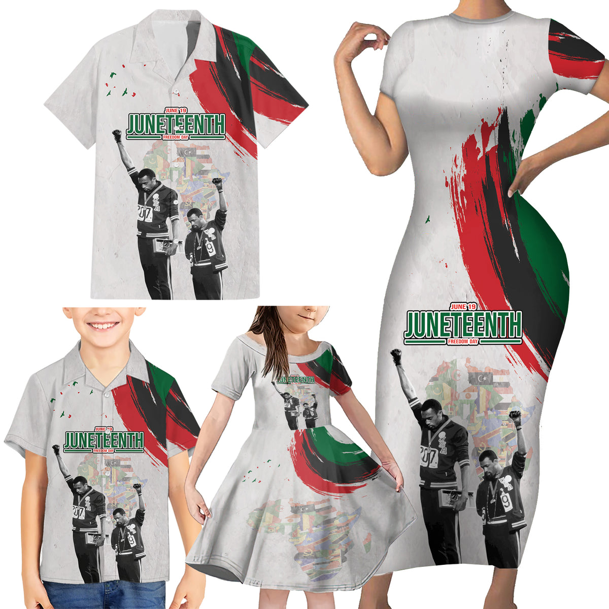 Personalized Juneteenth Freedom Day Family Matching Short Sleeve Bodycon Dress and Hawaiian Shirt 1968 Black Power Salute - Wonder Print Shop