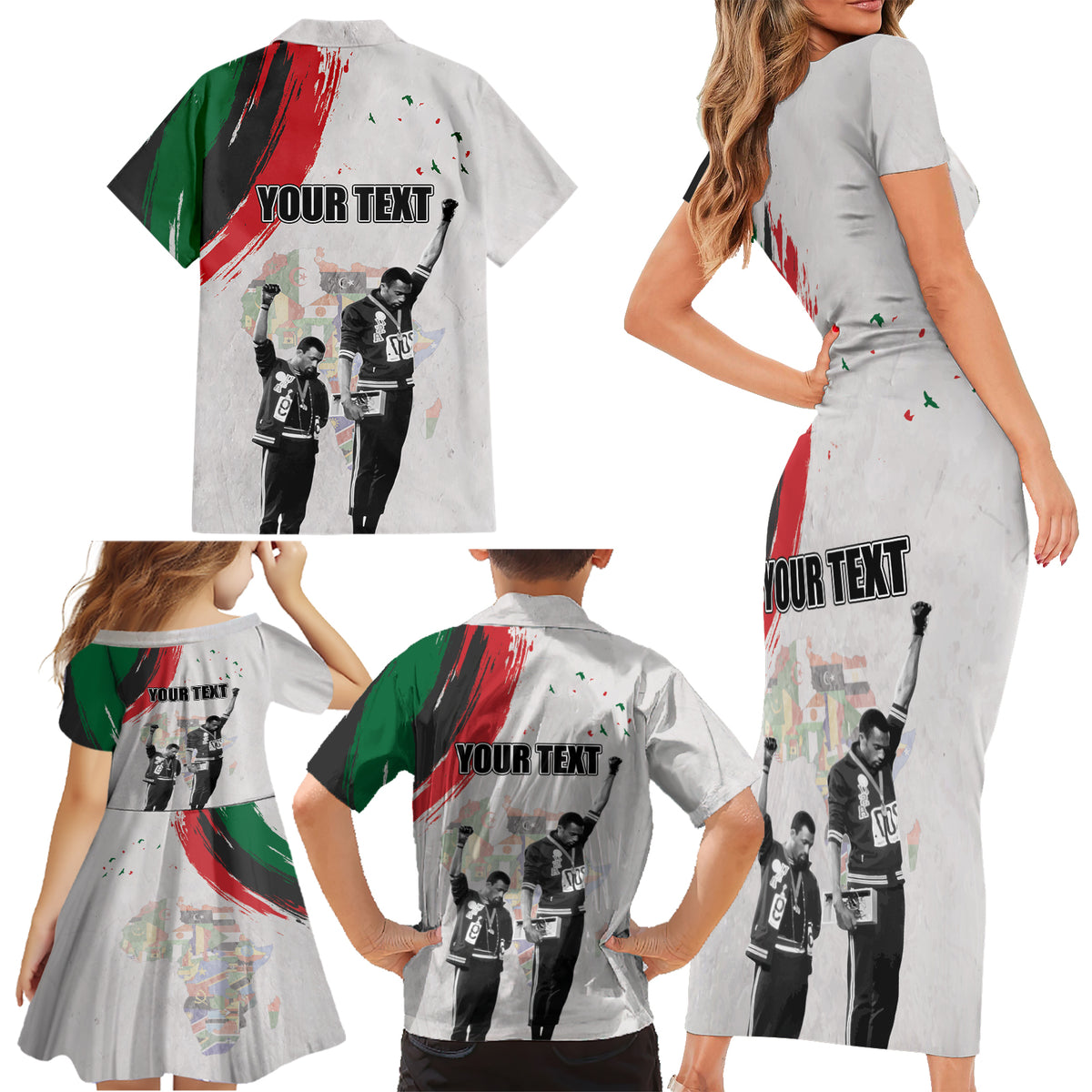 Personalized Juneteenth Freedom Day Family Matching Short Sleeve Bodycon Dress and Hawaiian Shirt 1968 Black Power Salute - Wonder Print Shop