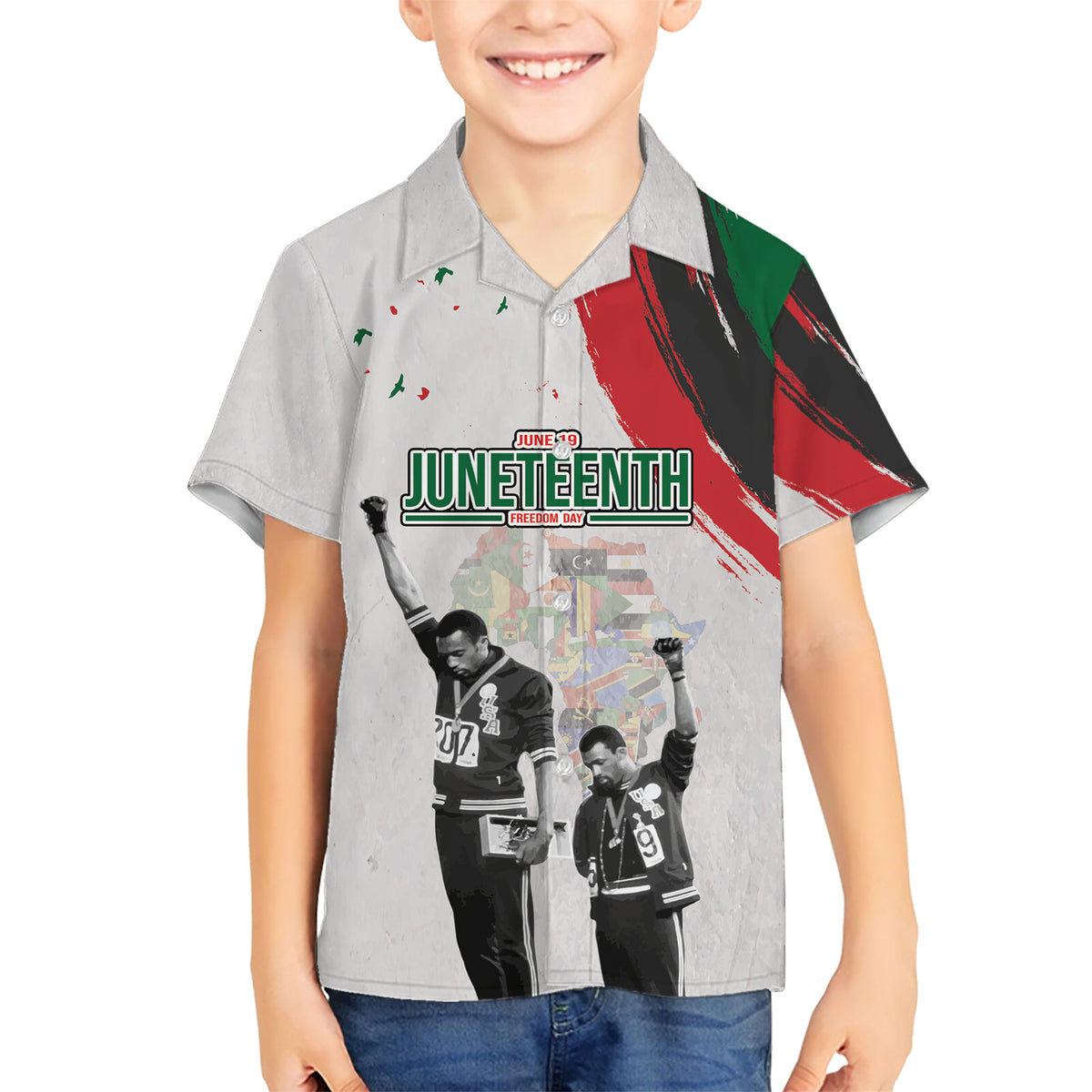 Personalized Juneteenth Freedom Day Family Matching Short Sleeve Bodycon Dress and Hawaiian Shirt 1968 Black Power Salute - Wonder Print Shop