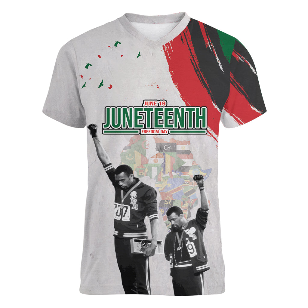 Personalized Juneteenth Freedom Day Women V-Neck T-Shirt 1968 Black Power Salute - Wonder Print Shop