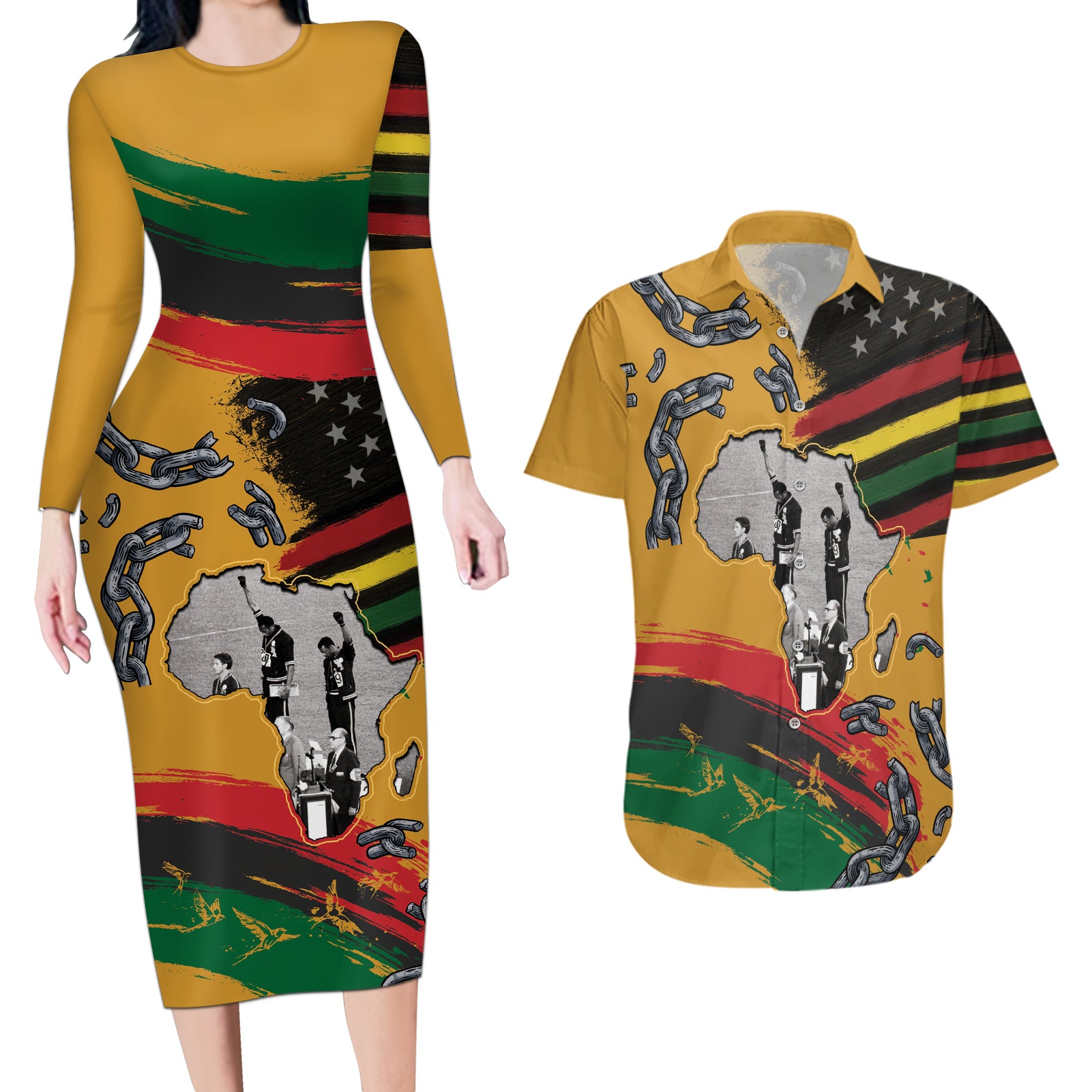 Juneteenth Freedom Day Couples Matching Long Sleeve Bodycon Dress and Hawaiian Shirt 1968 Black Power Salute Broken Chain - Wonder Print Shop