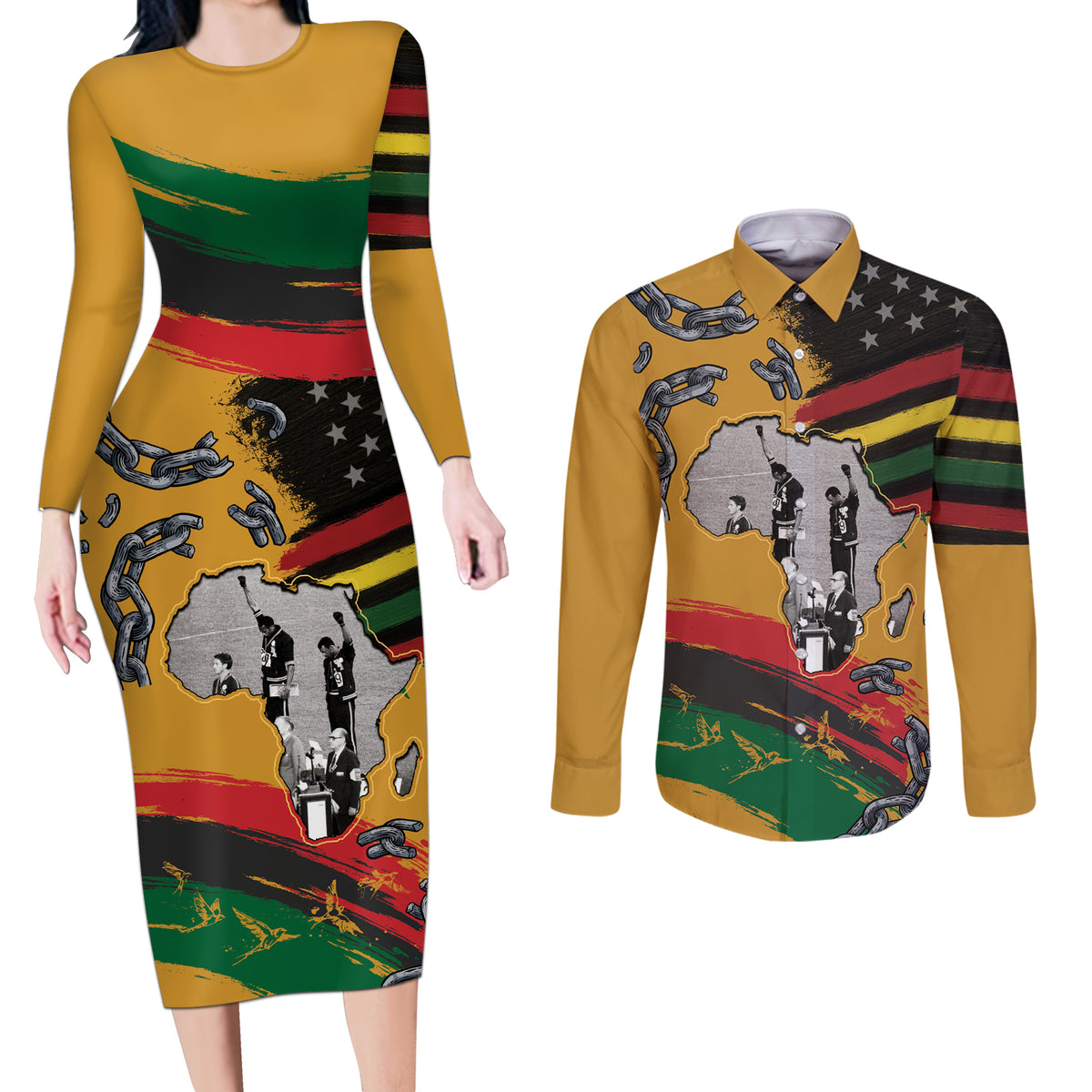 Juneteenth Freedom Day Couples Matching Long Sleeve Bodycon Dress and Long Sleeve Button Shirt 1968 Black Power Salute Broken Chain - Wonder Print Shop