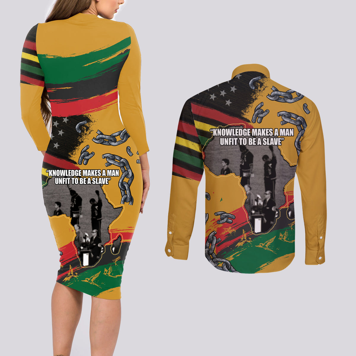 Juneteenth Freedom Day Couples Matching Long Sleeve Bodycon Dress and Long Sleeve Button Shirt 1968 Black Power Salute Broken Chain - Wonder Print Shop