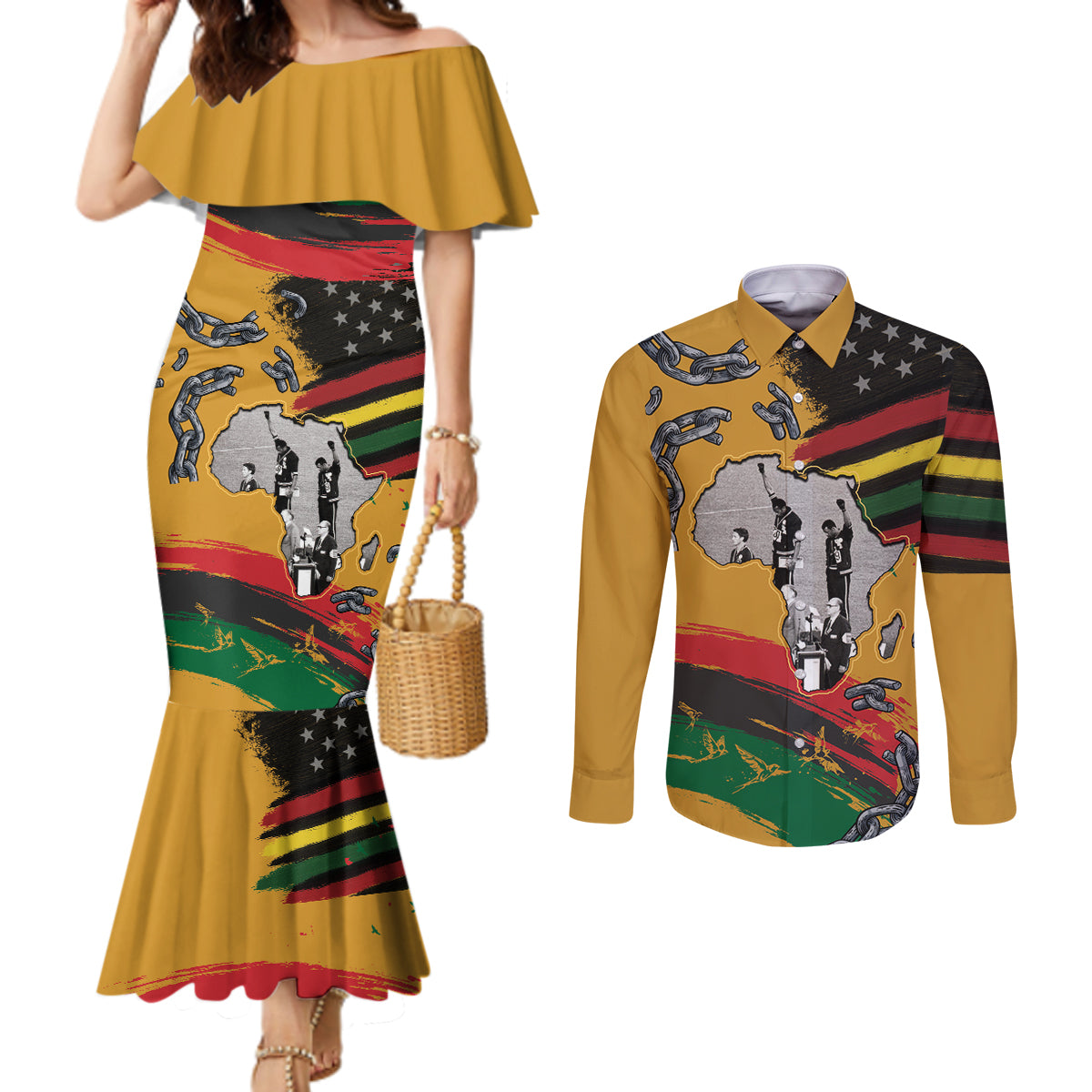 Juneteenth Freedom Day Couples Matching Mermaid Dress and Long Sleeve Button Shirt 1968 Olympics Black Power Salute Broken Chain
