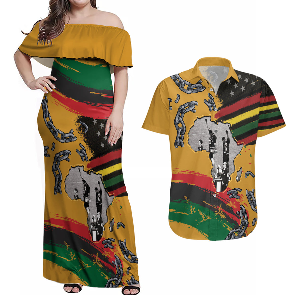 Juneteenth Freedom Day Couples Matching Off Shoulder Maxi Dress and Hawaiian Shirt 1968 Black Power Salute Broken Chain - Wonder Print Shop