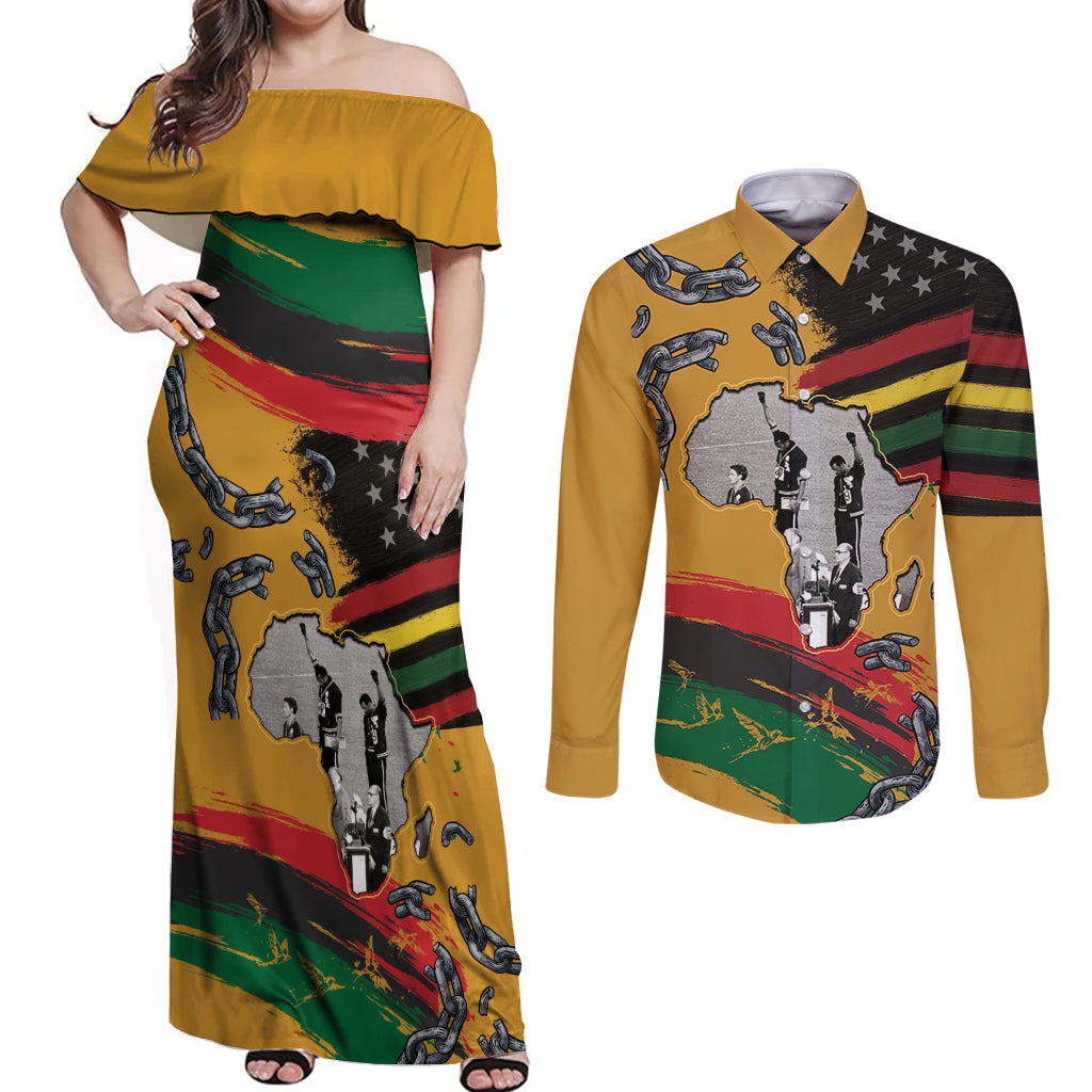 Juneteenth Freedom Day Couples Matching Off Shoulder Maxi Dress and Long Sleeve Button Shirt 1968 Black Power Salute Broken Chain - Wonder Print Shop
