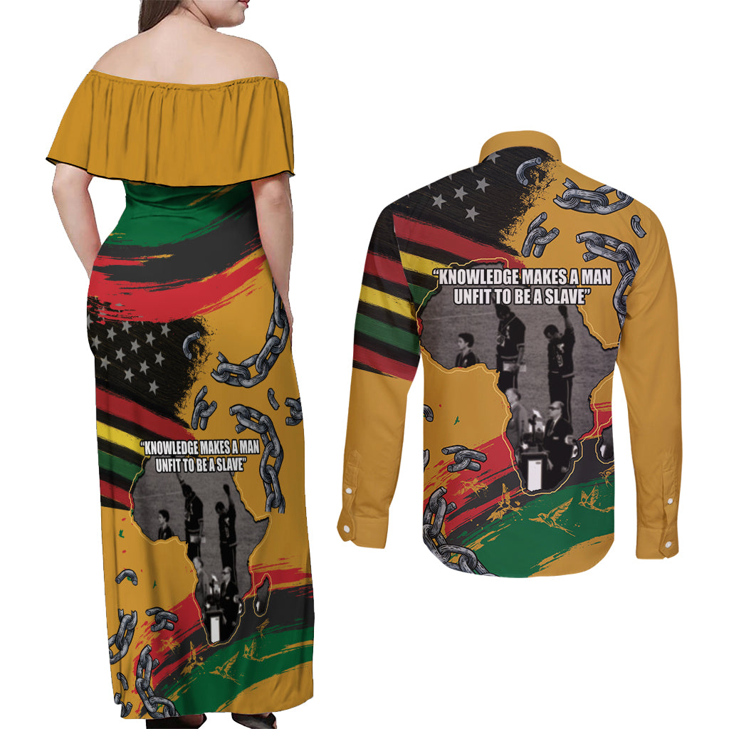 Juneteenth Freedom Day Couples Matching Off Shoulder Maxi Dress and Long Sleeve Button Shirt 1968 Black Power Salute Broken Chain - Wonder Print Shop
