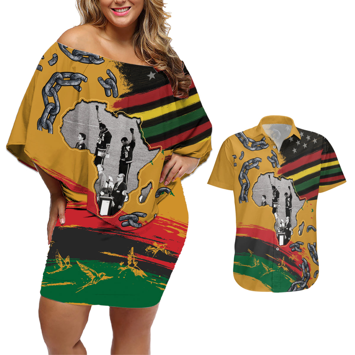Juneteenth Freedom Day Couples Matching Off Shoulder Short Dress and Hawaiian Shirt 1968 Black Power Salute Broken Chain - Wonder Print Shop