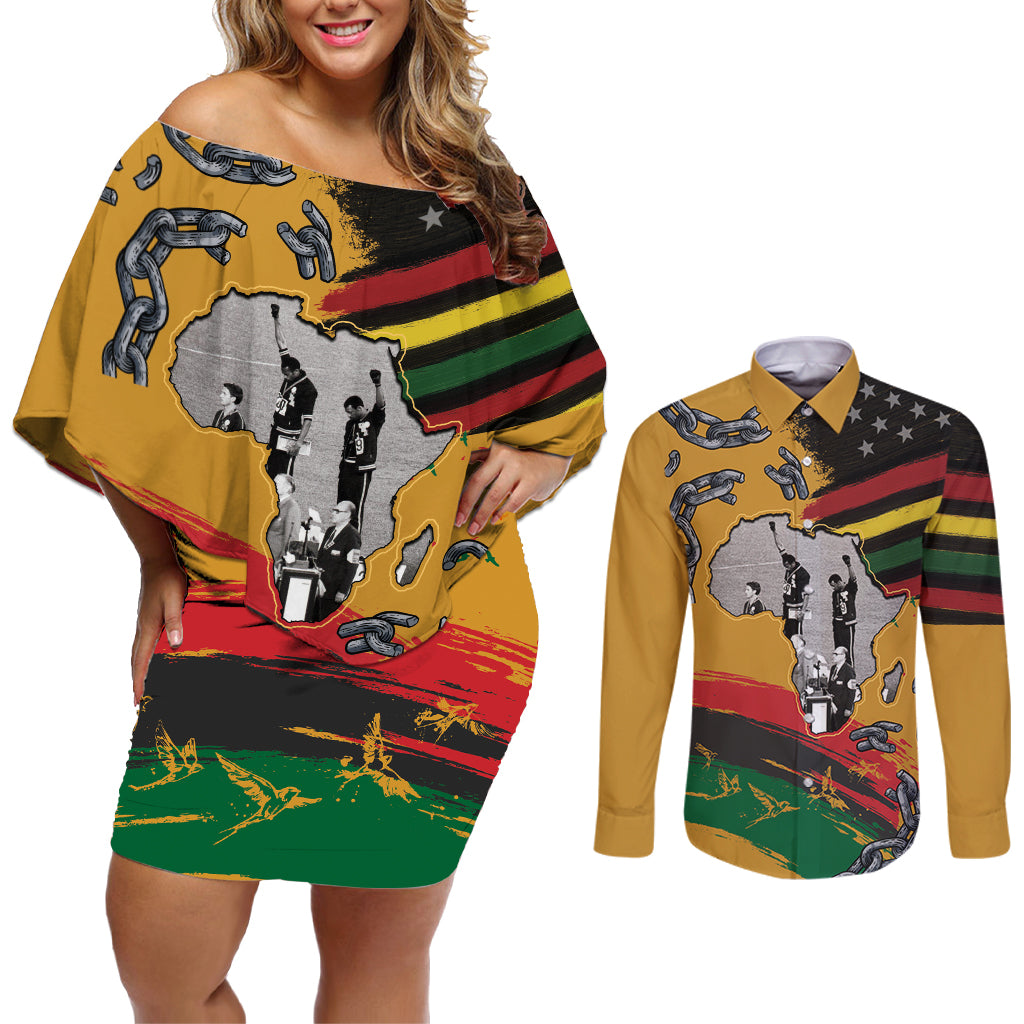 Juneteenth Freedom Day Couples Matching Off Shoulder Short Dress and Long Sleeve Button Shirt 1968 Black Power Salute Broken Chain - Wonder Print Shop