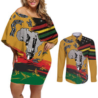 Juneteenth Freedom Day Couples Matching Off Shoulder Short Dress and Long Sleeve Button Shirt 1968 Black Power Salute Broken Chain - Wonder Print Shop